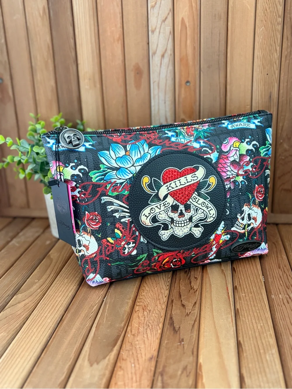 Ed Hardy “Love Kills Slowly” Cosmetic Case, Skull Makeup Travel Bag, Tattoo Art